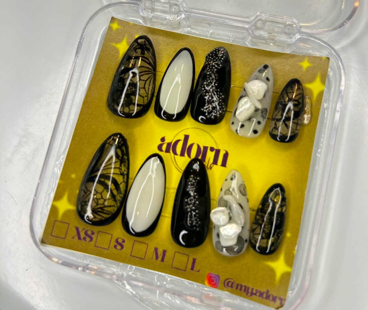 Lace Almond Shaped Hand-painted Acrylic Press On NAiL SET by Adorn Nails