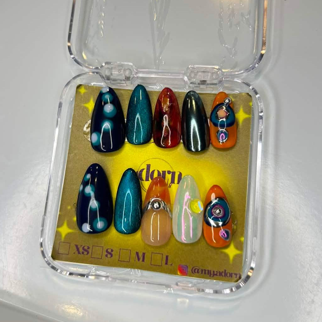 Circular Designs Almond Shaped Hand-painted Acrylic Press On NAiL SET by Adorn Nails