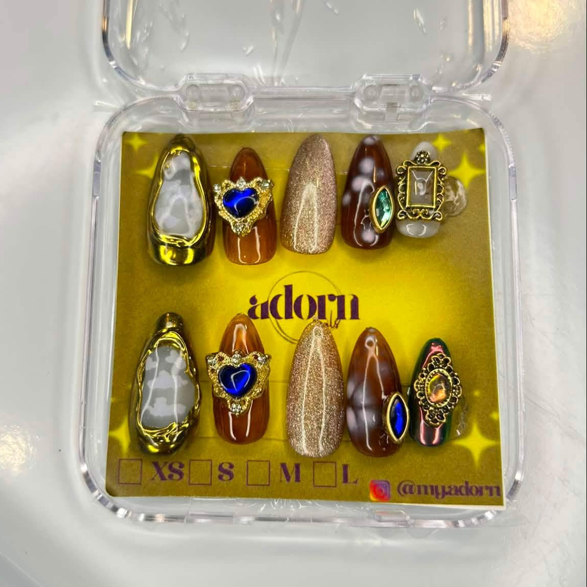 Gold Embellished Almond Shaped Hand-painted Acrylic Press On NAiL SET by Adorn Nails