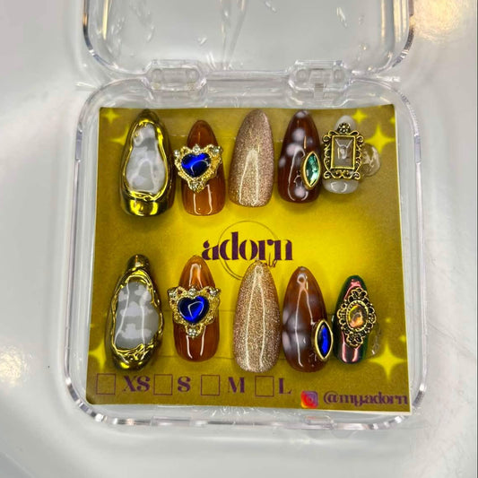 Gold Embellished Almond Shaped Hand-painted Acrylic Press On NAiL SET by Adorn Nails