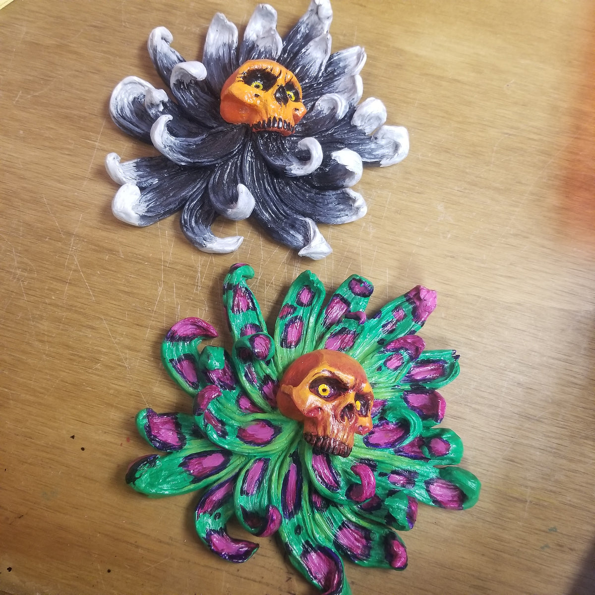 Hand Sculpted Skull Flower Wall Hanging