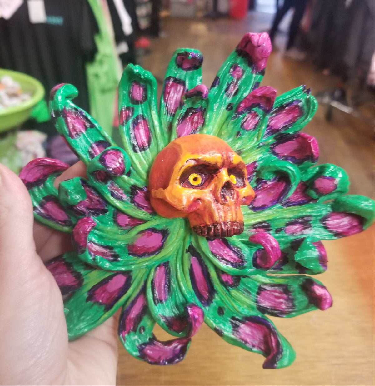 Hand Sculpted Skull Flower Wall Hanging