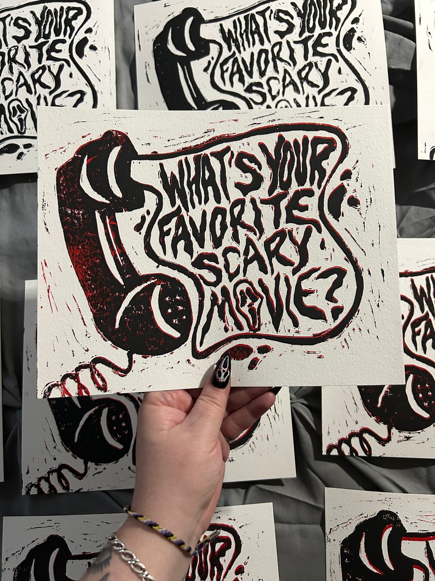 What's Your Favorite Scary Movie? ~ Linocut 8x10" PRINT