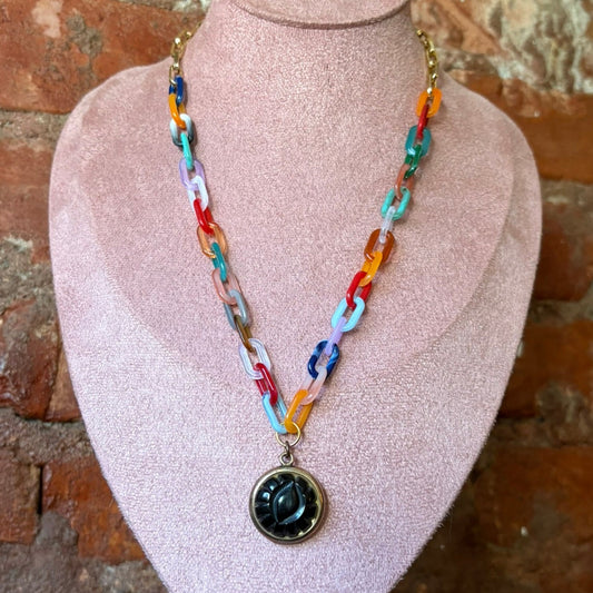 Colorful Chain Link w/ Black Gold Pendant NECKLACE