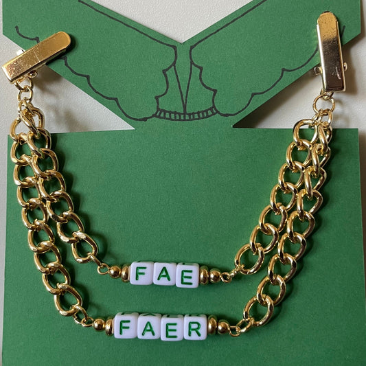 Fae/ Faer (Green Text/White Blocks/Gold Chain) COLLAR CLiP CHAiN