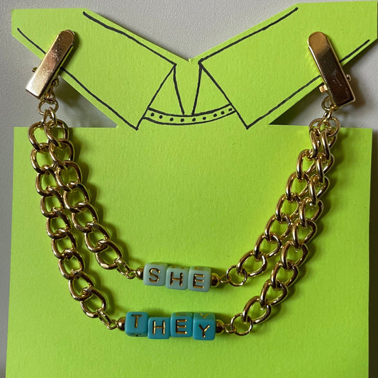 She/ They (blue and gold) COLLAR CLiP CHAiN