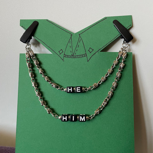 He/Him (Black and White Blocks w/ Silver Chain) COLLAR CLiP CHAiN
