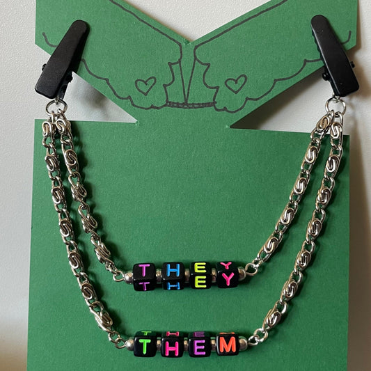 They/Them (Neon Blocks w/ Silver Chain) COLLAR CLiP CHAiN