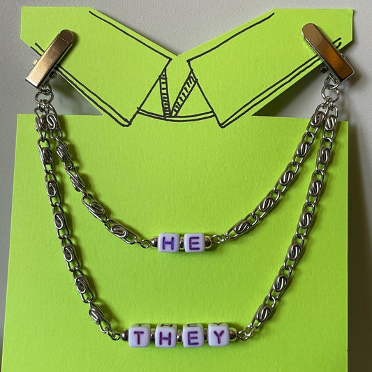 He/They (Purple and White Blocks w/ Silver Chain) COLLAR CLiP CHAiN