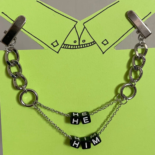 He/Him (Black Blocks w/ Chunky Silver Chain) COLLAR CLiP CHAiN