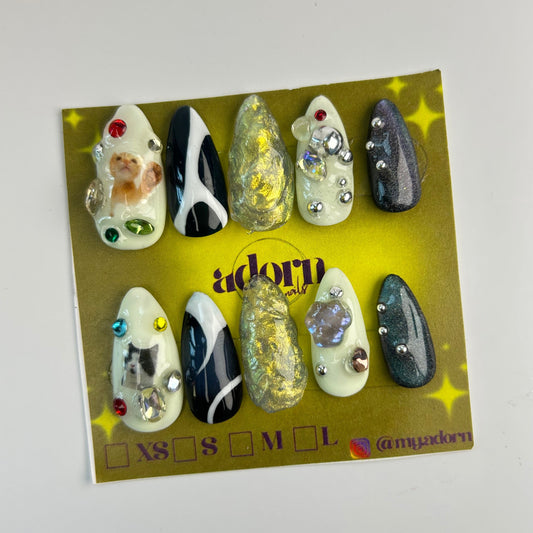 Cat Almond Shaped Hand-painted Acrylic Press On NAiL SET by Adorn Nails