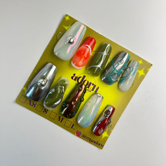 Silver Bubbles Coffin Shaped Hand-painted Acrylic Press On NAiL SET by Adorn Nails