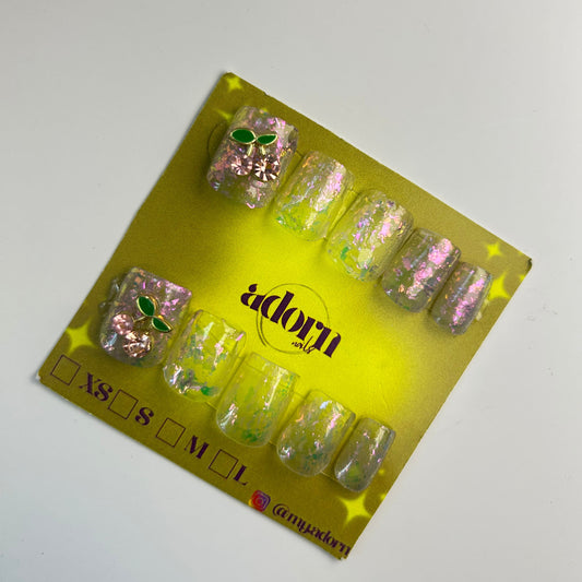 Cherries Clear Sparkly Extra Short Square Shaped Hand-painted Acrylic Press On NAiL SET by Adorn Nails