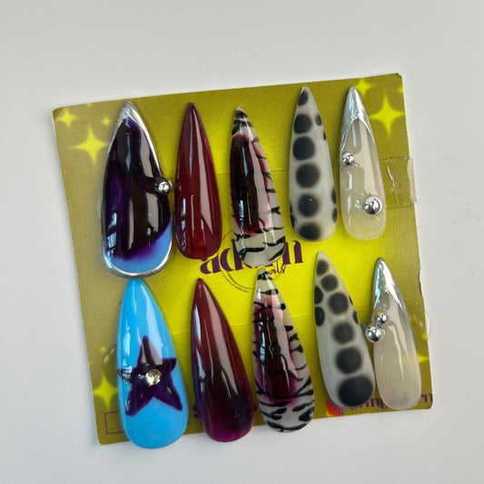 Blue Star Thumb Stiletto Shaped Hand-painted Acrylic Press On NAiL SET by Adorn Nails