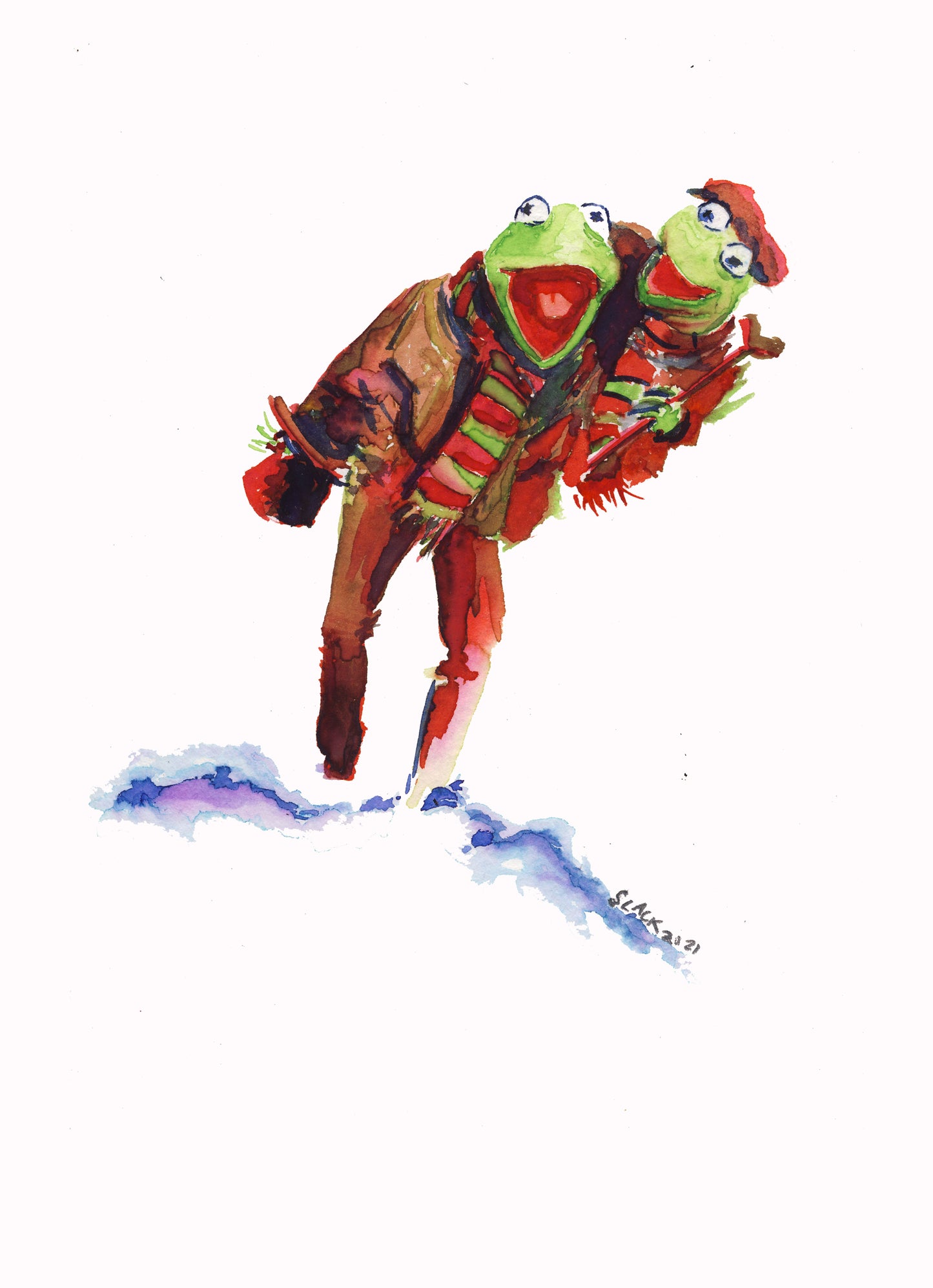 Kermie and Robin Frog Christmas 5x7" PRiNT