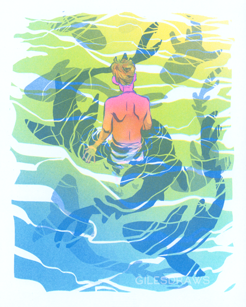 Sharks Circling Riso PRiNT by Giles Crawford