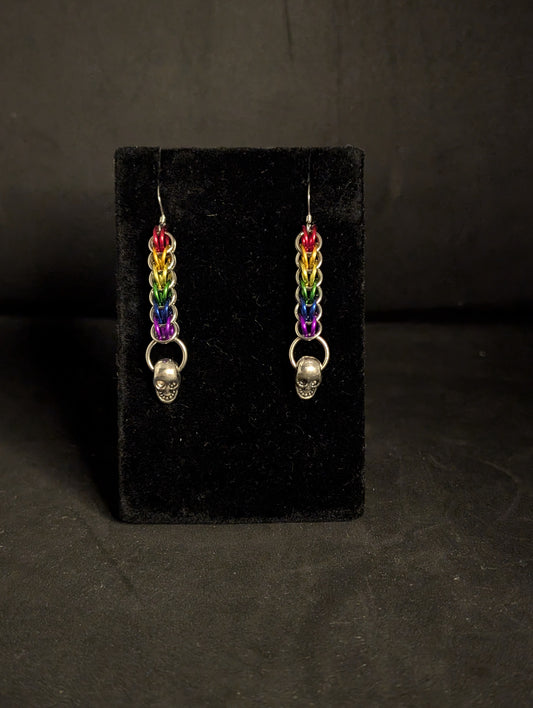 Rainbow Chainmaille Skull EARRiNGS by Sixth House Ego