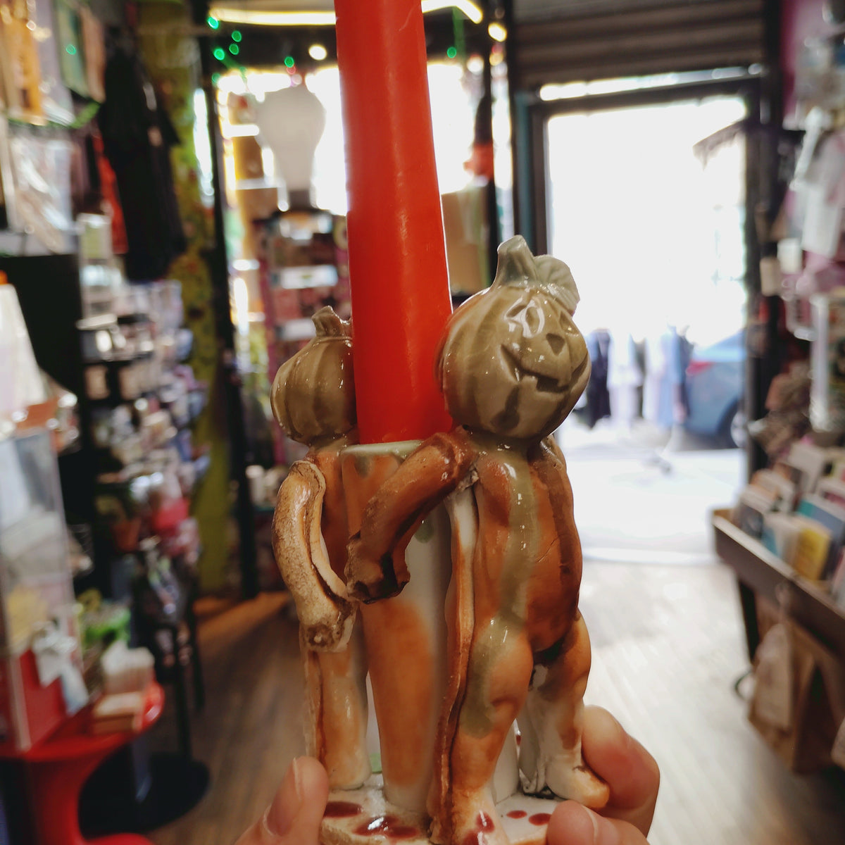 Double Trouble Ceramic Pumpkinheads CANDLE HOLDER