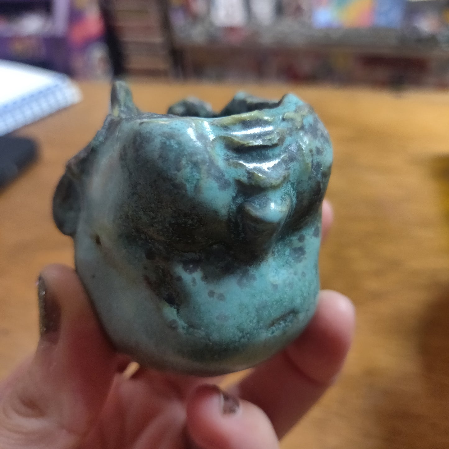 Aged Teal Ceramic Beeb Head CUP / Small Vessel