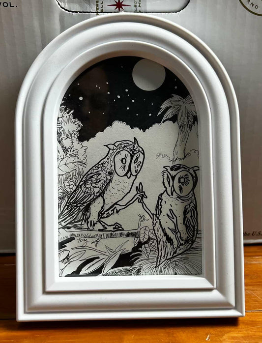 2 Owls Framed Original Drawing WALL ART