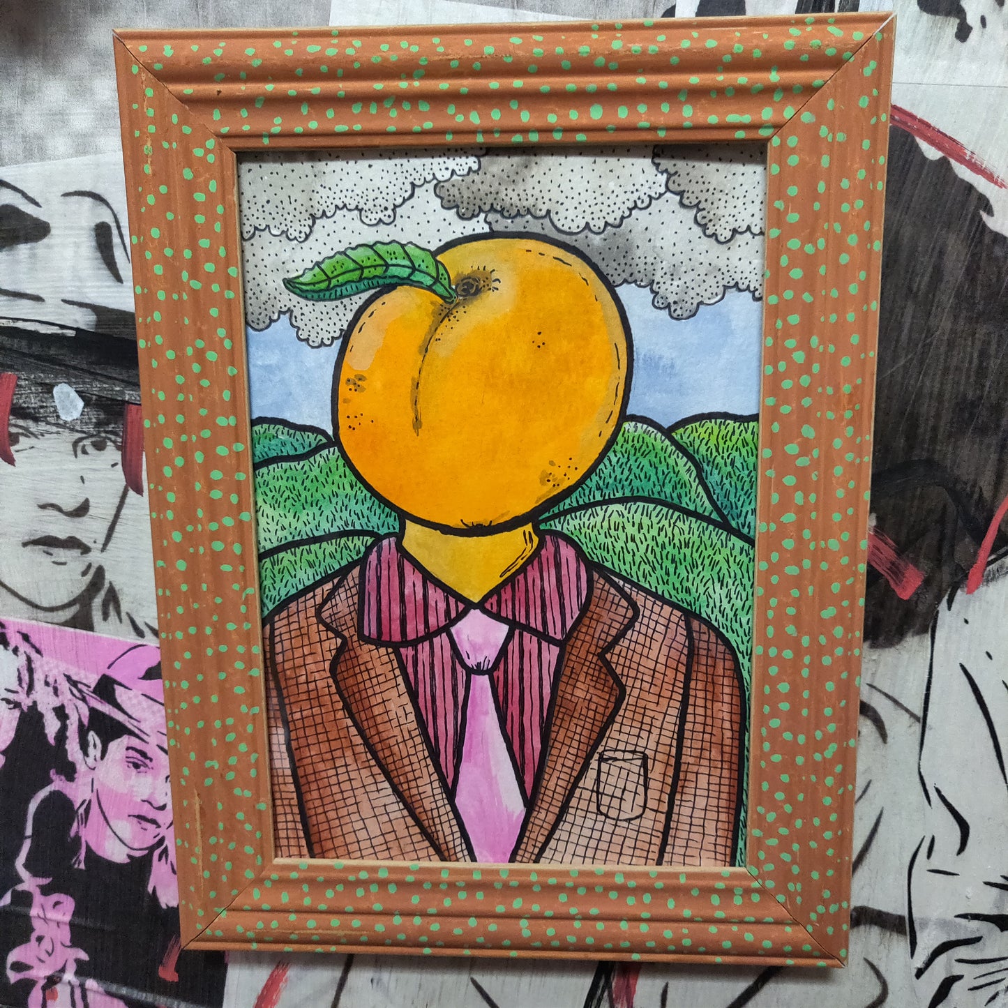 Apricot Head FRAMED Original DRAWiNG