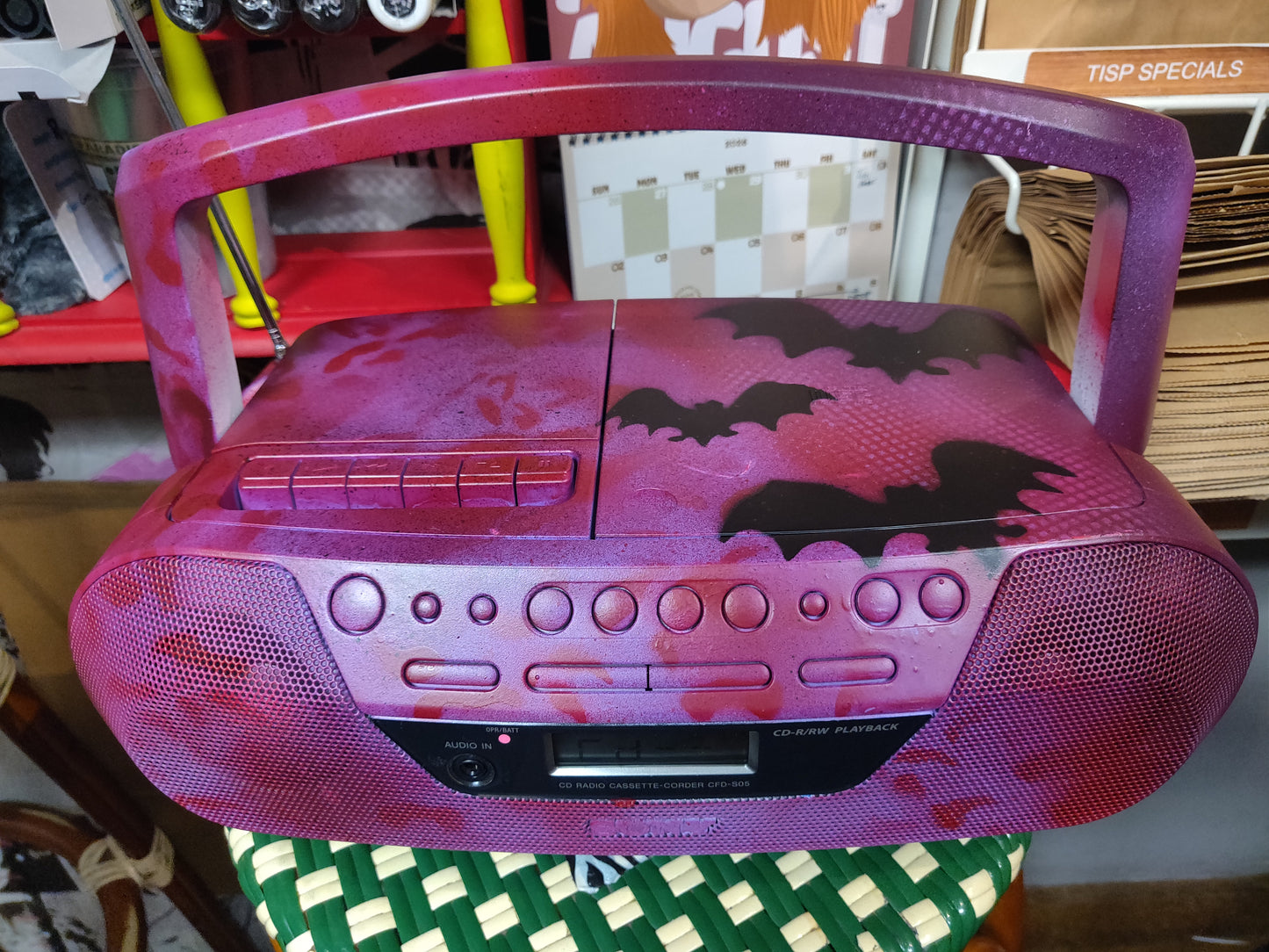 Bats Custom Painted CASSETTE PLAYER + RADIO (works!!) by Taped Off TV