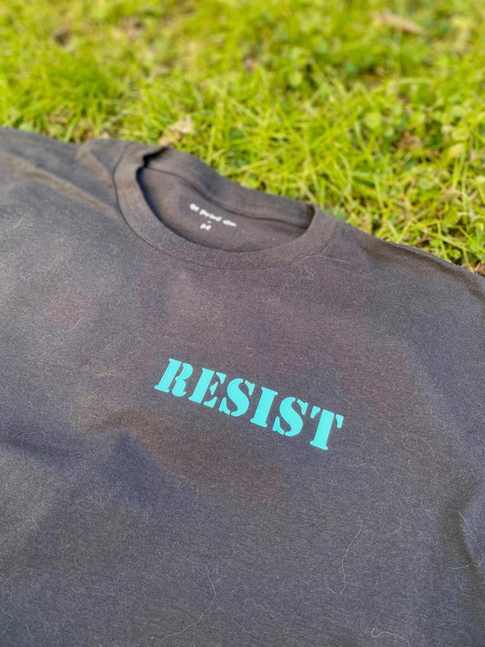 RESIST - Dark Gray Charcoal T-SHiRT with Teal Pocket Print on Left Chest