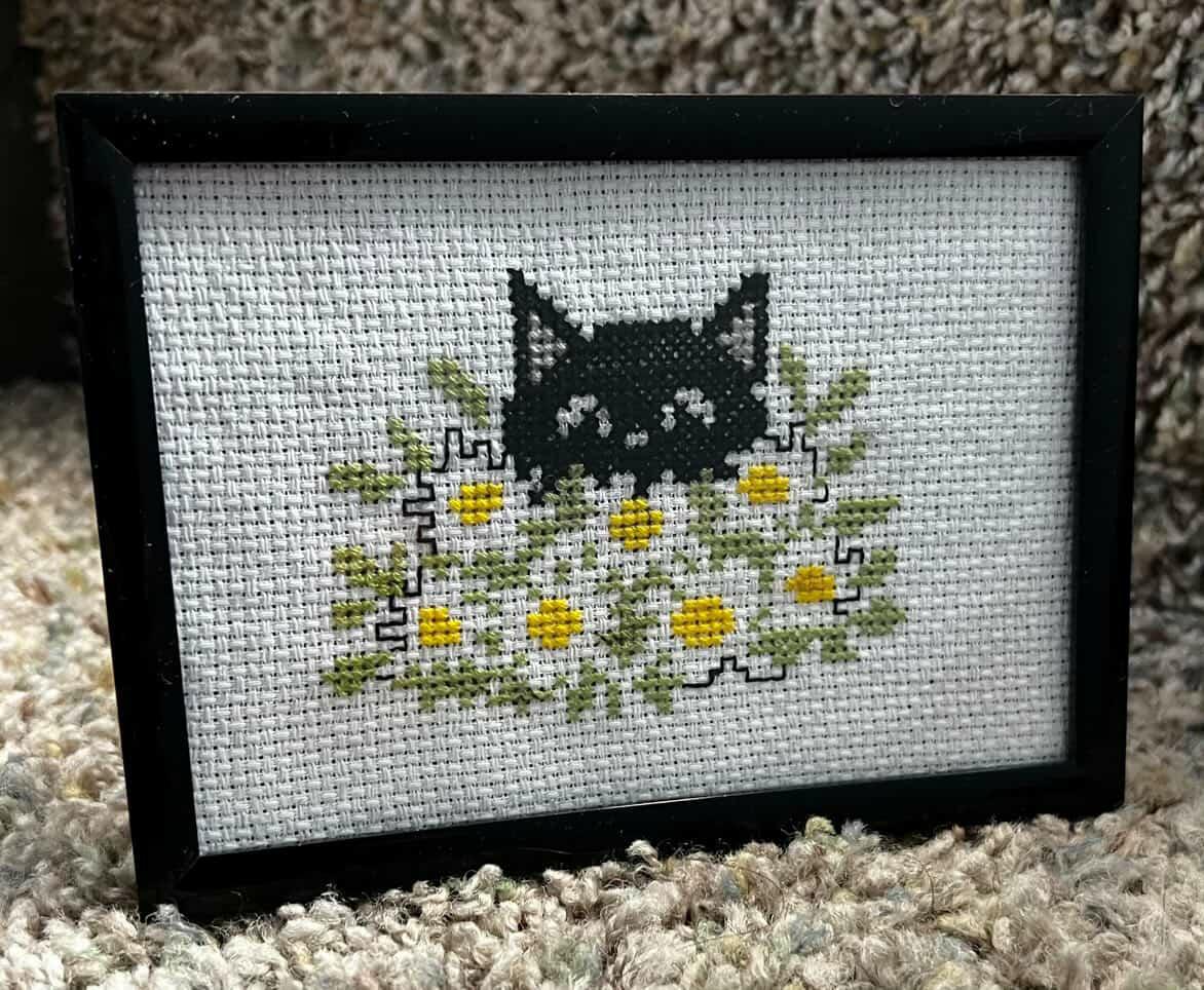 Cat Flowers Framed Cross-Stitch