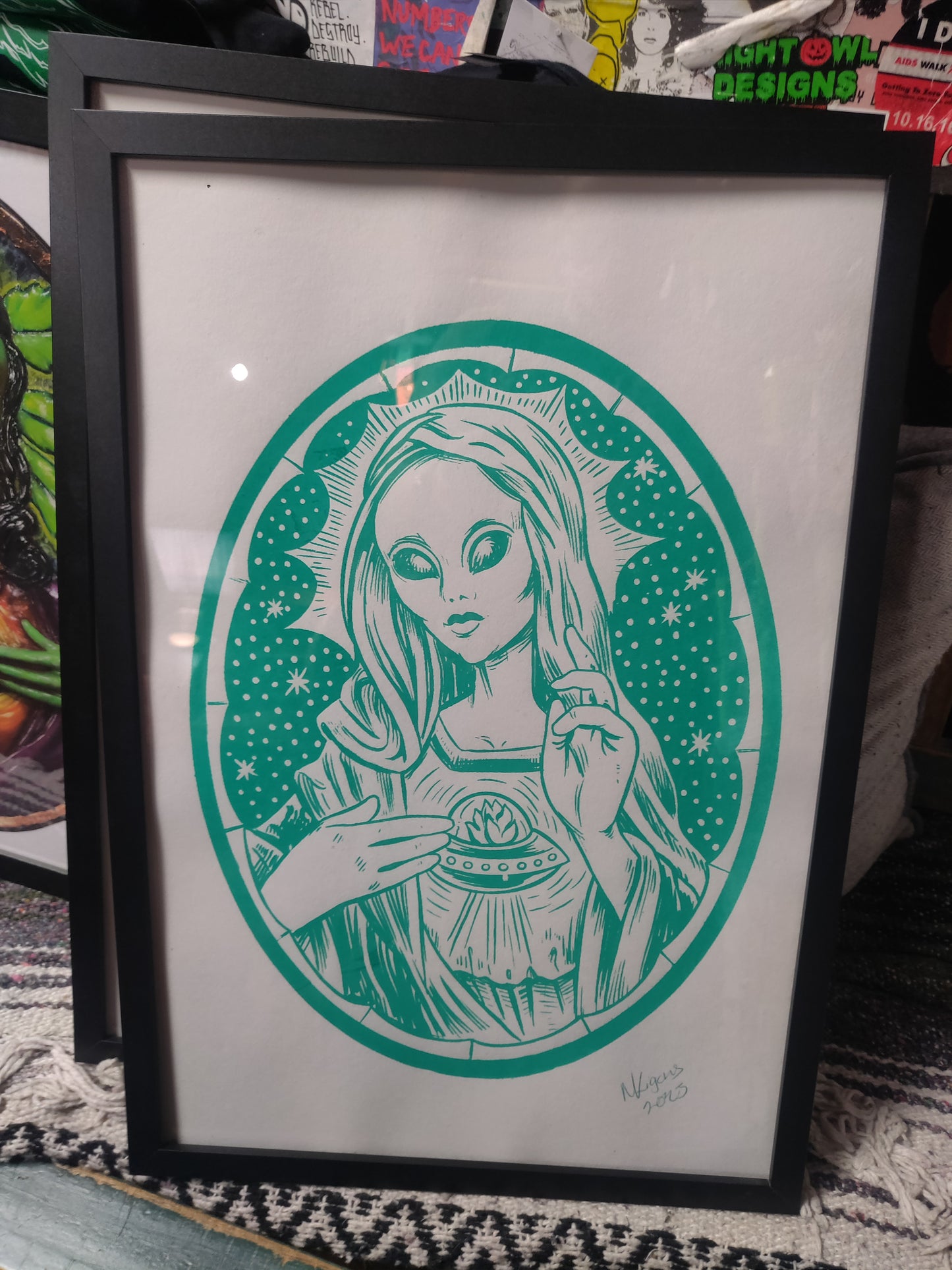 Alien Virgin Mary Framed glow-in-the-dark SCREEN PRiNTED WALL ART