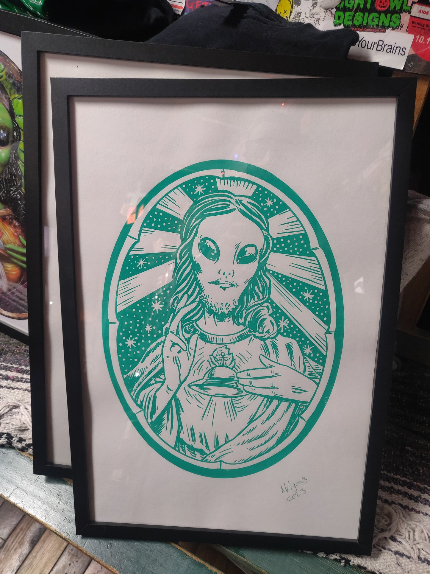 Alien Jesus Framed glow-in-the-dark SCREEN PRiNTED WALL ART