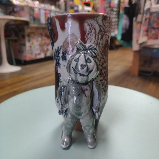 Pumpkin Kid w/ flowers and spiderweb Ceramic Beeb Head MUG / Vessel