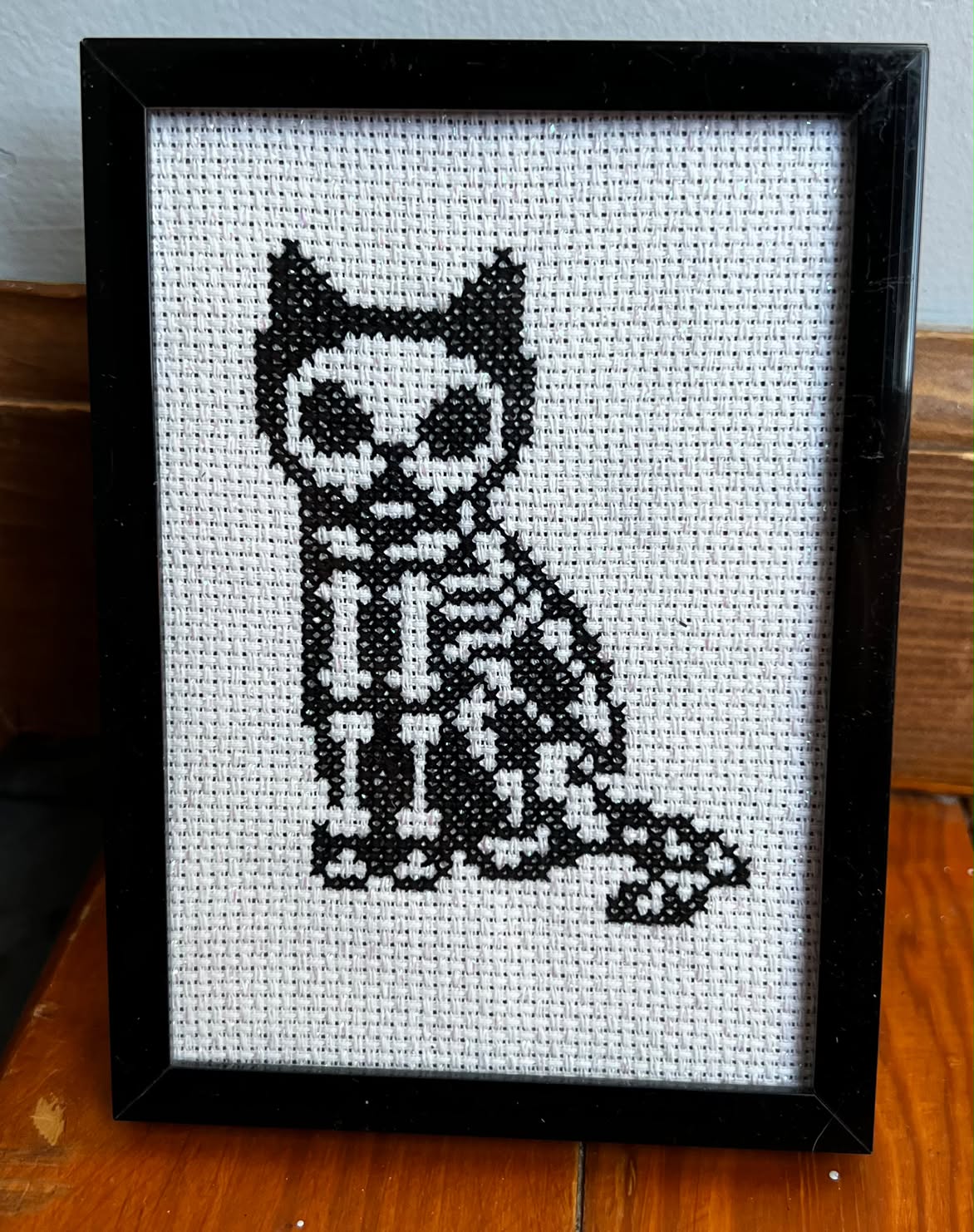 Skeleton Cat Framed Cross-Stitch