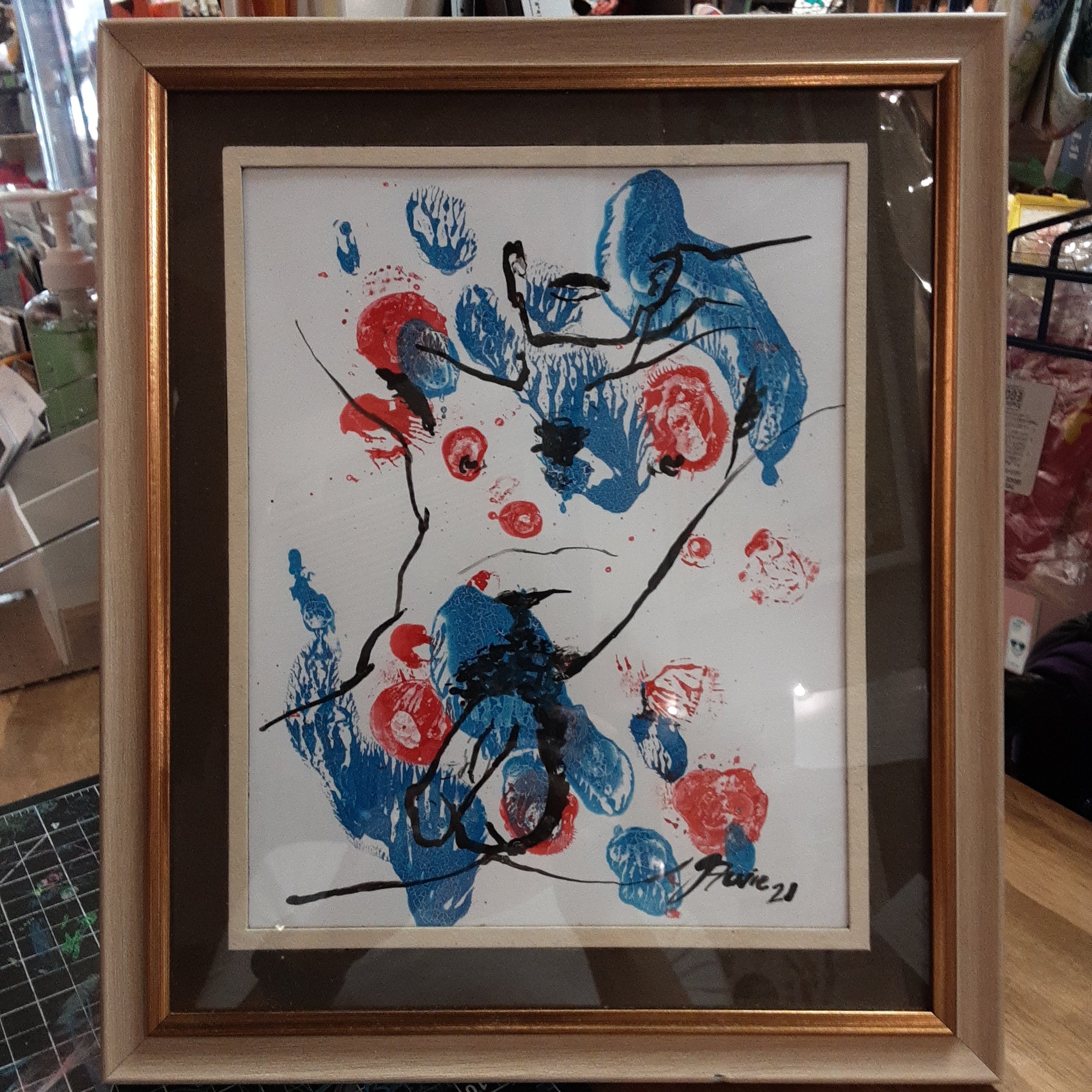 (Adult) Lounge In Blue and Red Framed Original Art by Stevie Laney
