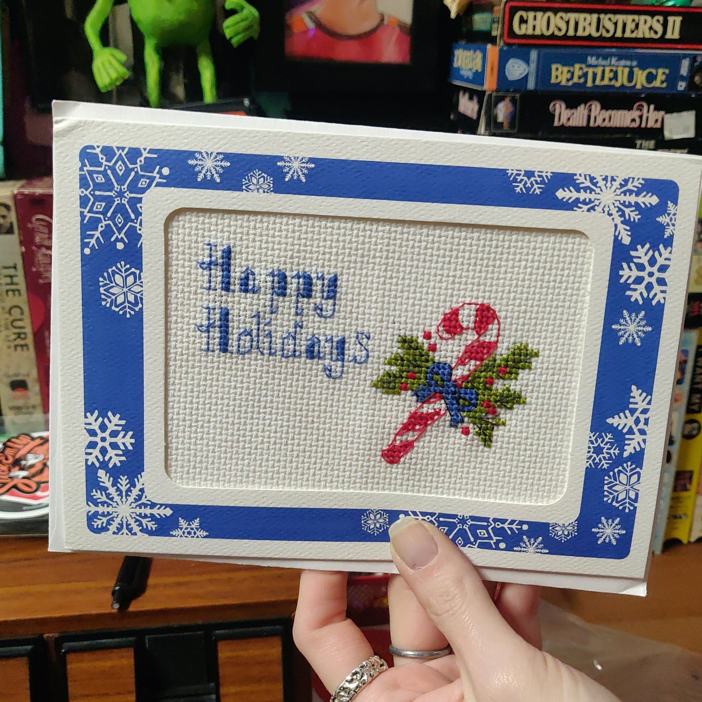 Happy Holidays Candycane Cross-Stitch GREETING CARD