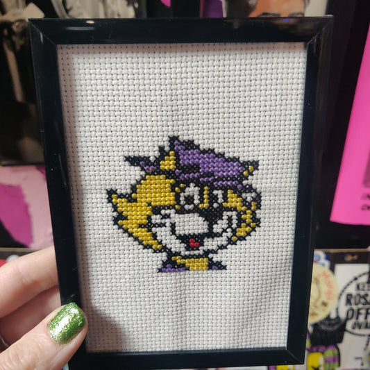 Purple Hat Cat Small Framed Cross-Stitch