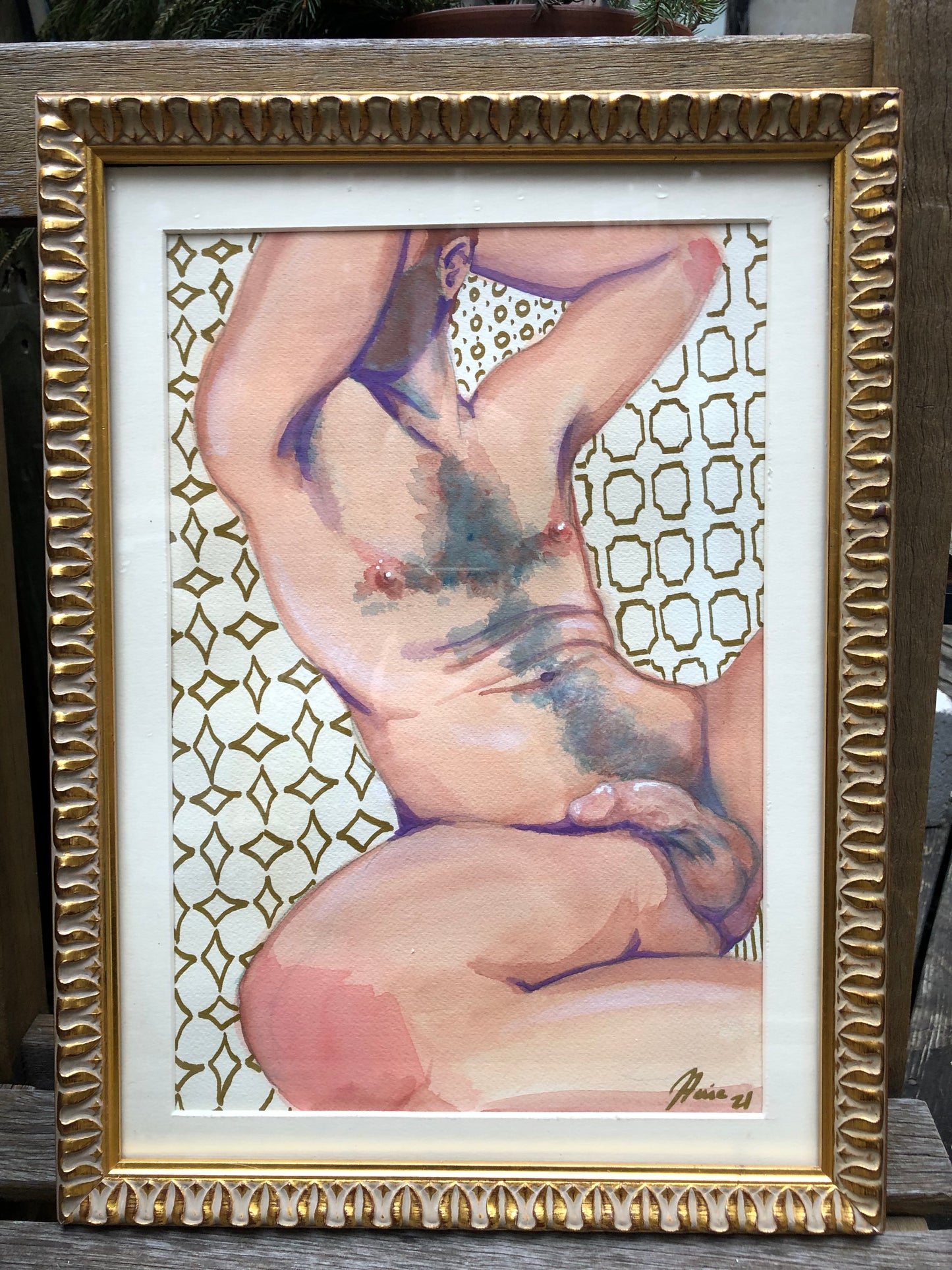 Lounging Nude Dude Framed Original Art by Stevie Laney