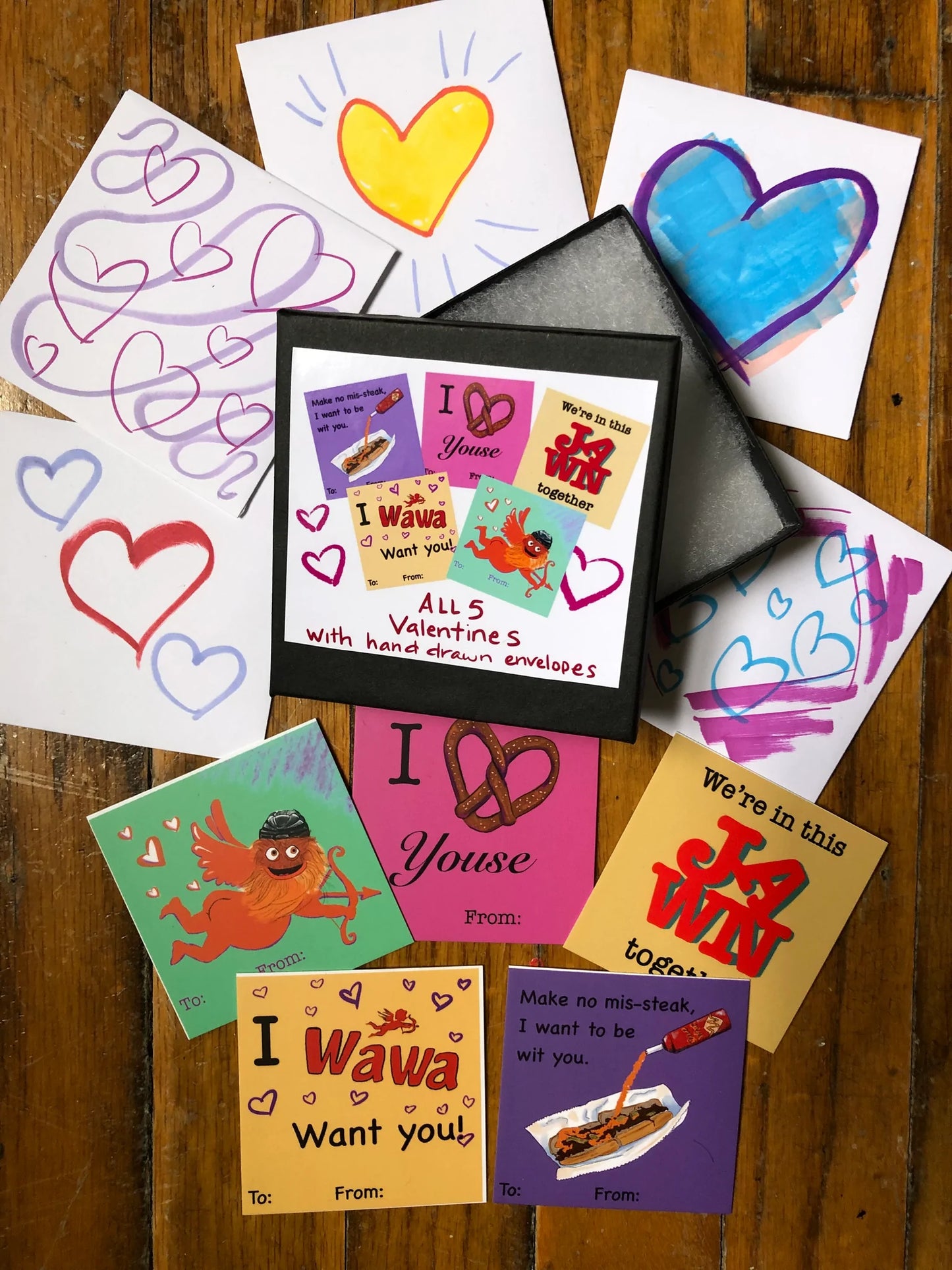 Box of 5 ( Philly ) Valentines CARDS w/ Hand drawn envelopes